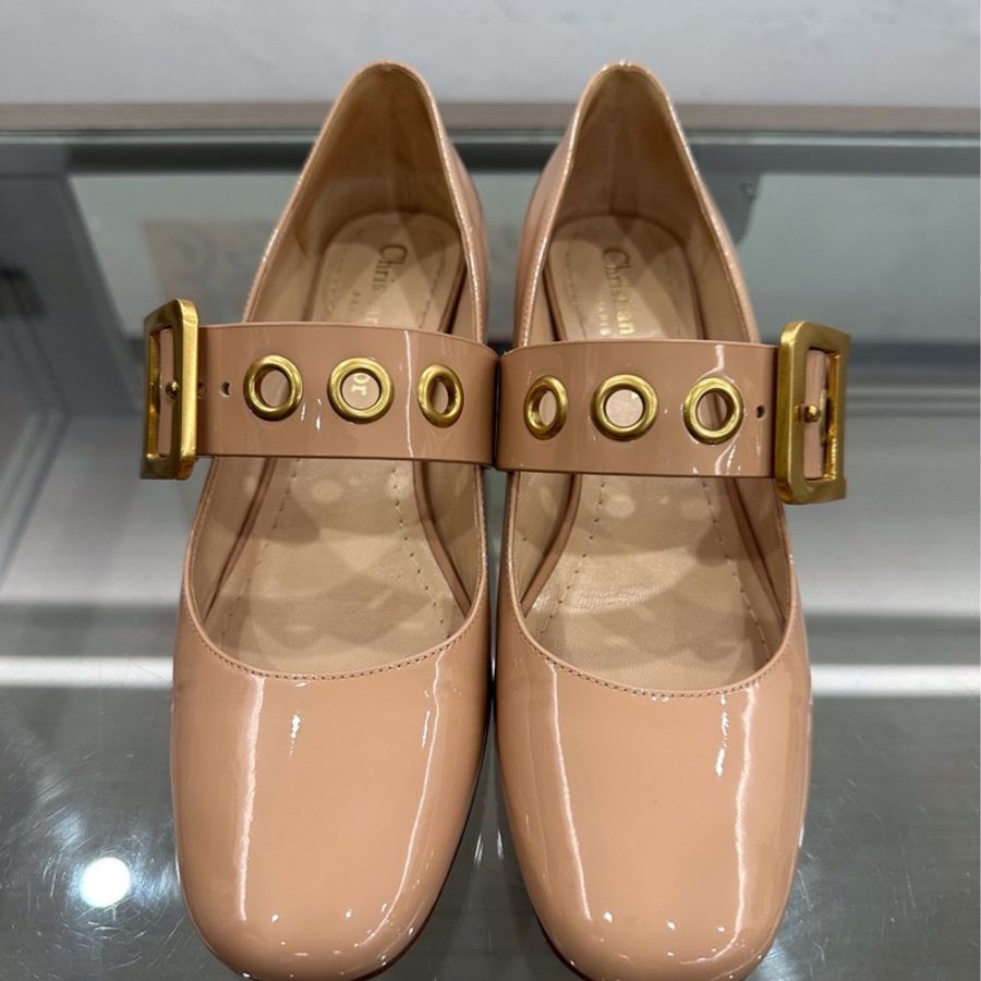 閒置新Dior迪奧 金色壓紋針扣頭logo女款棕色亮面低跟鞋瑪麗珍鞋3cm 36碼-1