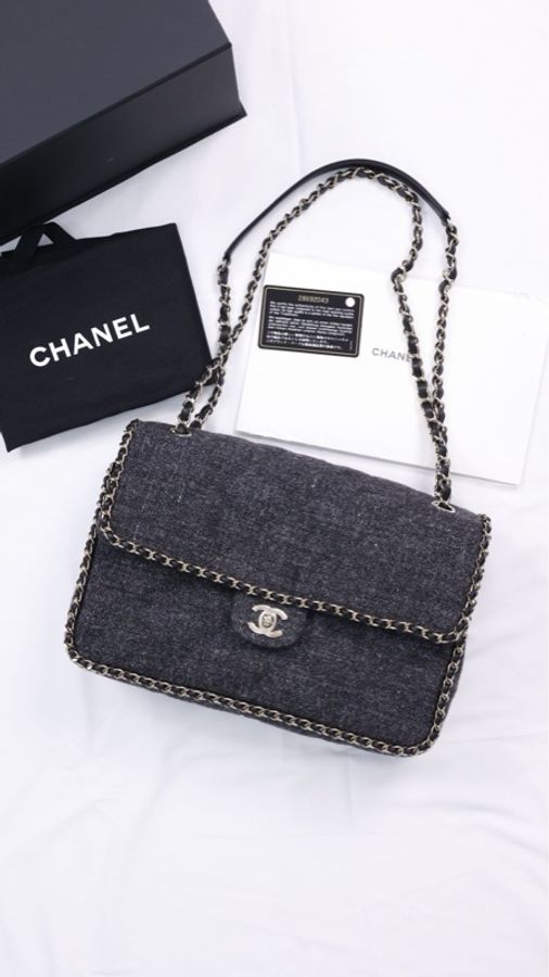 Chanel 19年灰色毛呢皮穿链滚边cf单肩包-0