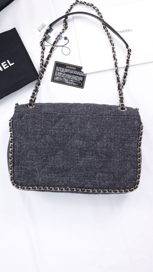 Chanel 19年灰色毛呢皮穿链滚边cf单肩包-1