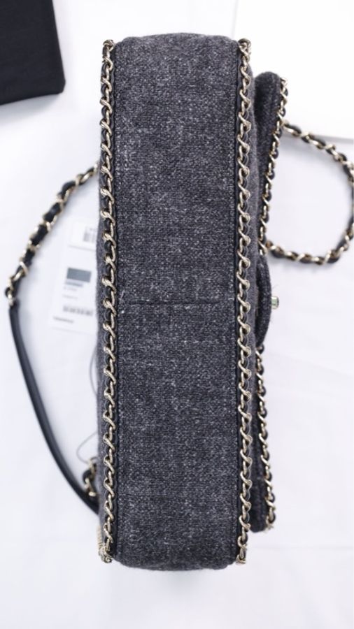 Chanel 19年灰色毛呢皮穿链滚边cf单肩包-7