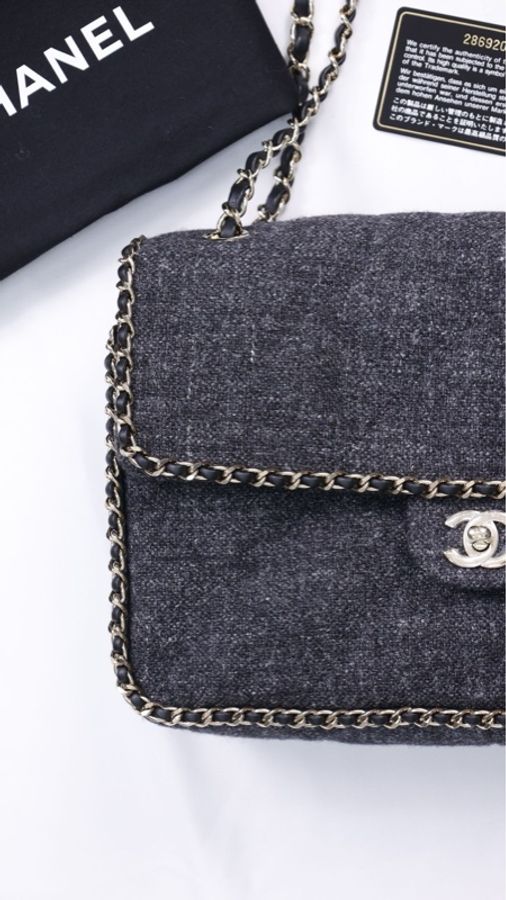 Chanel 19年灰色毛呢皮穿链滚边cf单肩包-8