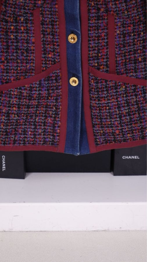 Chanel 91年紫色粗花呢丹宁牛仔滚边四口袋外套-13