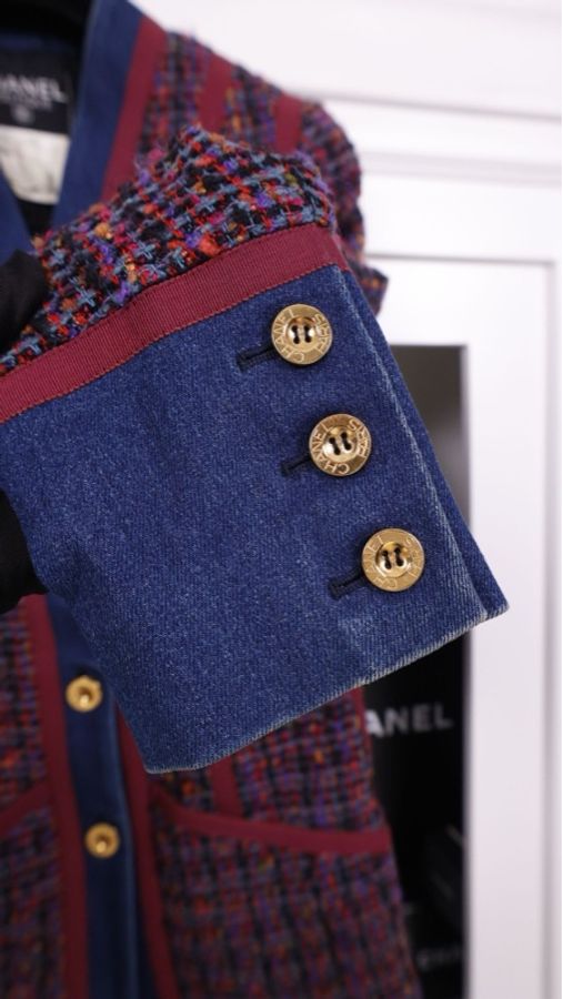 Chanel 91年紫色粗花呢丹宁牛仔滚边四口袋外套-18