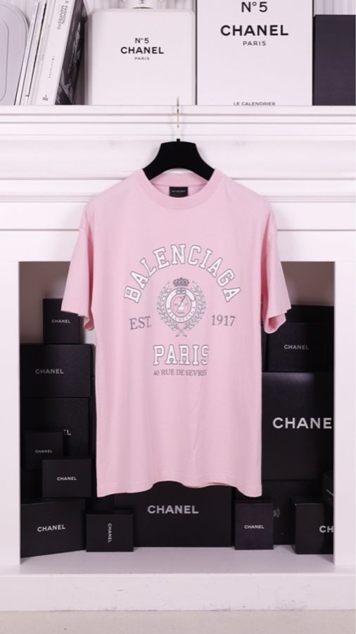 Balenciaga 23SS粉色裂纹字母麦穗图案短袖上衣-0