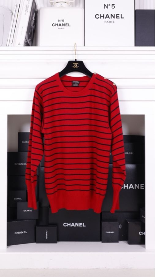 Chanel 红黑条纹针织圆领套头毛衣上衣-0