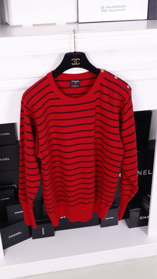 Chanel 红黑条纹针织圆领套头毛衣上衣-1