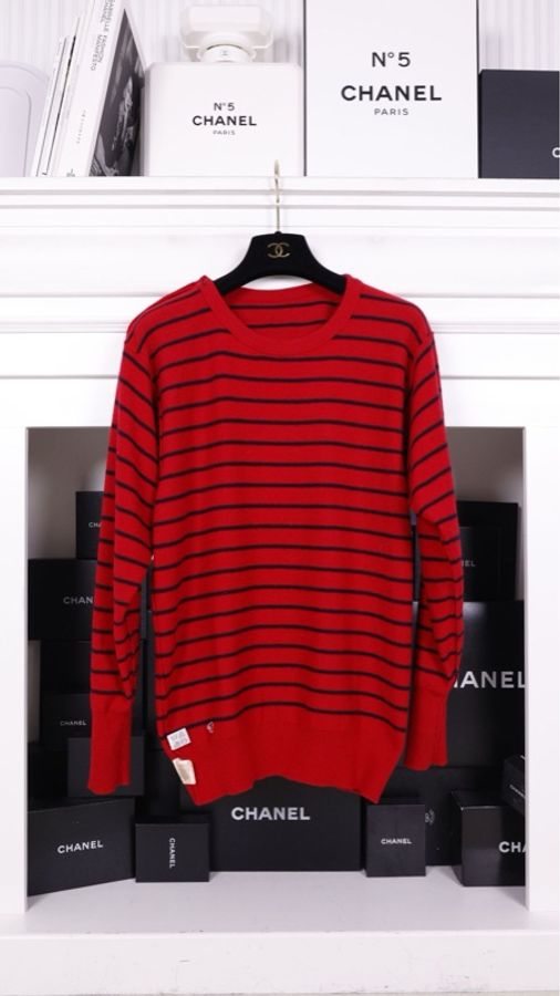 Chanel 红黑条纹针织圆领套头毛衣上衣-2