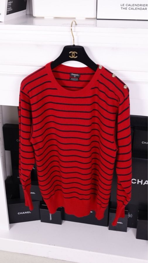 Chanel 红黑条纹针织圆领套头毛衣上衣-4