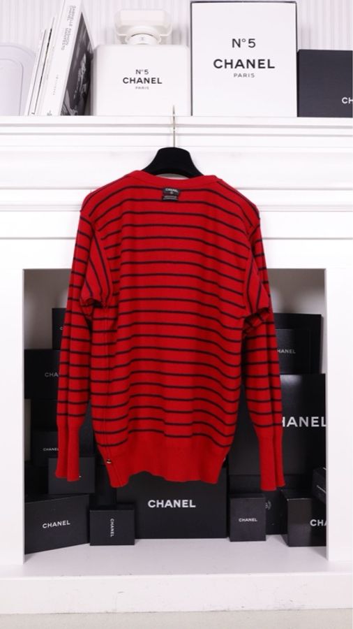 Chanel 红黑条纹针织圆领套头毛衣上衣-5