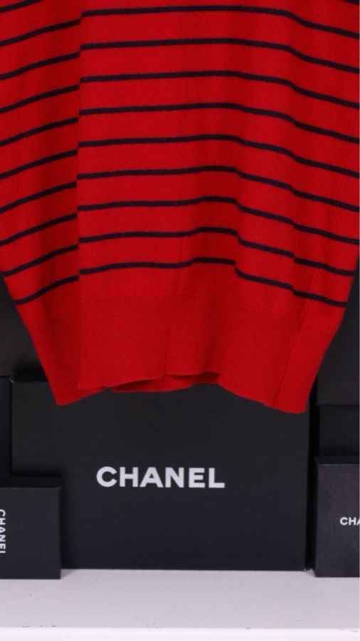 Chanel 红黑条纹针织圆领套头毛衣上衣-26