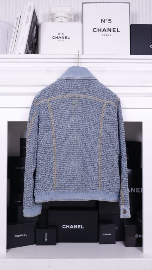 Chanel 18年易烊千玺同款蓝色粗花呢拼丹宁牛仔两口袋外套夹克上衣-3