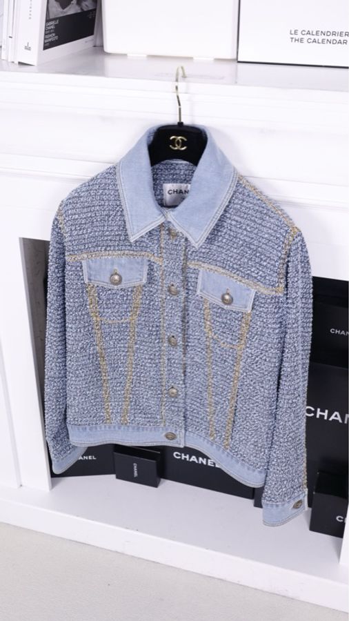 Chanel 18年易烊千玺同款蓝色粗花呢拼丹宁牛仔两口袋外套夹克上衣-4