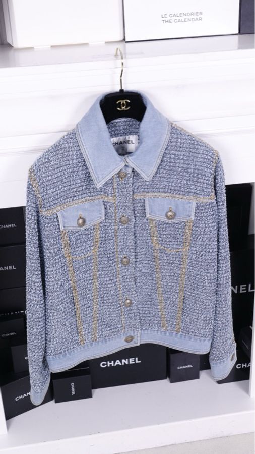 Chanel 18年易烊千玺同款蓝色粗花呢拼丹宁牛仔两口袋外套夹克上衣-5