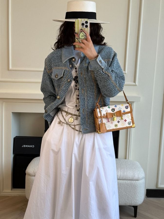 Chanel 18年易烊千玺同款蓝色粗花呢拼丹宁牛仔两口袋外套夹克上衣-7