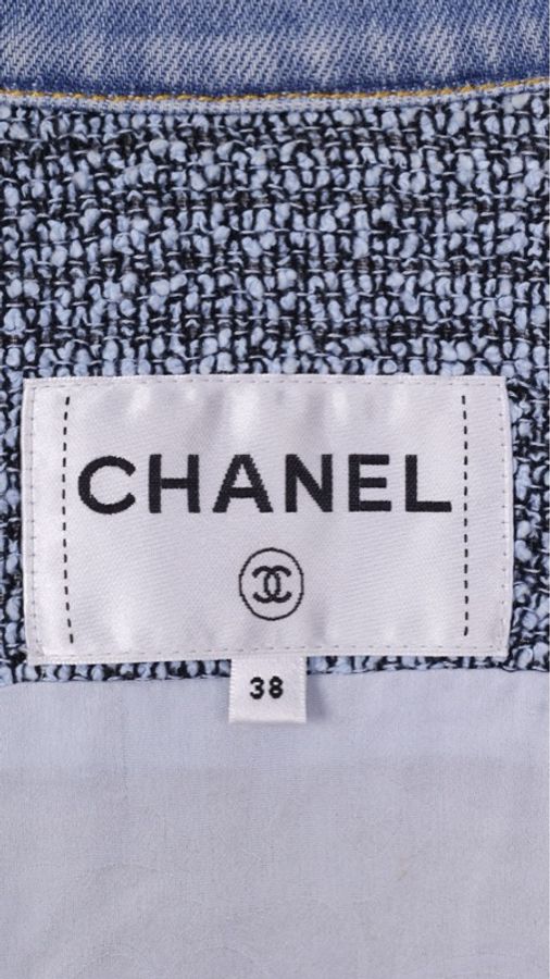 Chanel 18年易烊千玺同款蓝色粗花呢拼丹宁牛仔两口袋外套夹克上衣-17