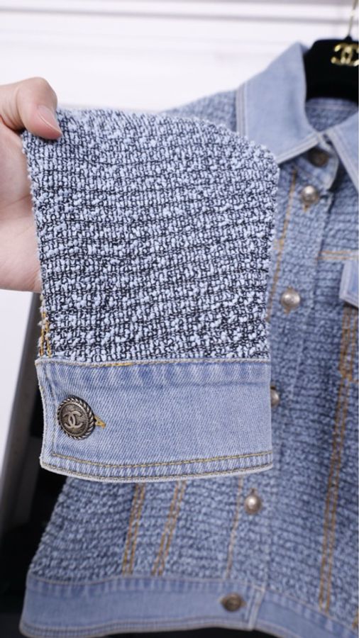 Chanel 18年易烊千玺同款蓝色粗花呢拼丹宁牛仔两口袋外套夹克上衣-27