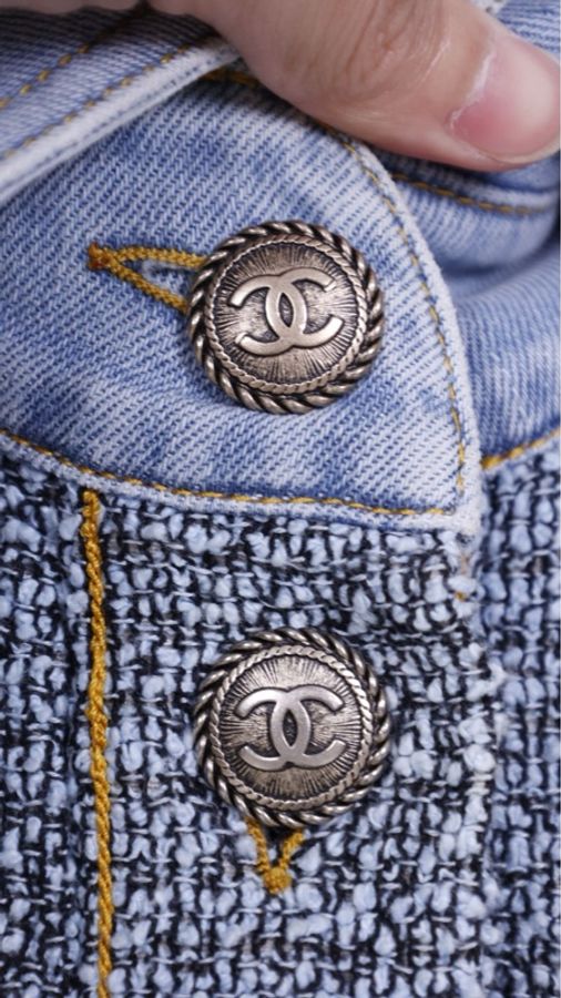 Chanel 18年易烊千玺同款蓝色粗花呢拼丹宁牛仔两口袋外套夹克上衣-28
