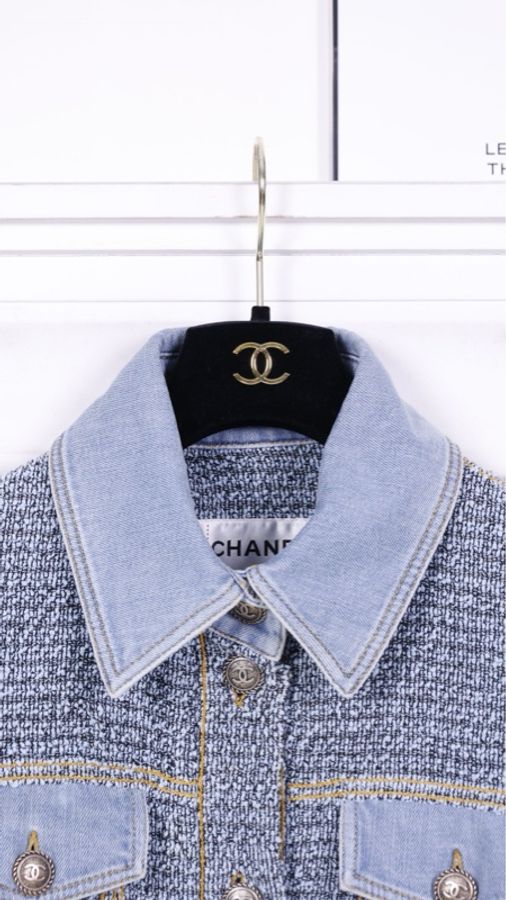 Chanel 18年易烊千玺同款蓝色粗花呢拼丹宁牛仔两口袋外套夹克上衣-31