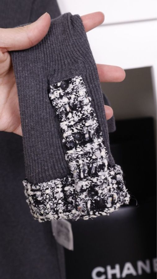 Chanel 04年灰色针织黑白格纹滚边两口袋开衫外套-19
