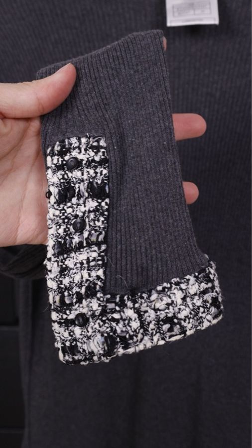 Chanel 04年灰色针织黑白格纹滚边两口袋开衫外套-28