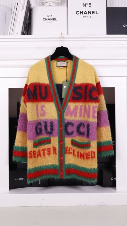 Gucci 100周年纪念款黄色拉绒马海毛字母针织开衫外套-0