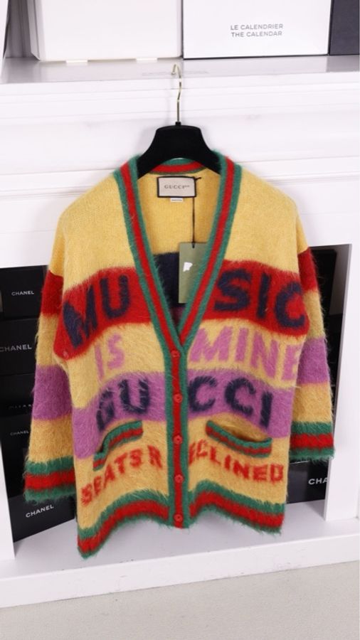 Gucci 100周年纪念款黄色拉绒马海毛字母针织开衫外套-1