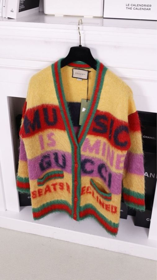 Gucci 100周年纪念款黄色拉绒马海毛字母针织开衫外套-3
