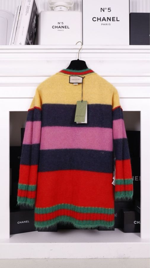 Gucci 100周年纪念款黄色拉绒马海毛字母针织开衫外套-5