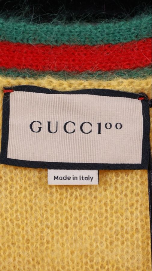 Gucci 100周年纪念款黄色拉绒马海毛字母针织开衫外套-6