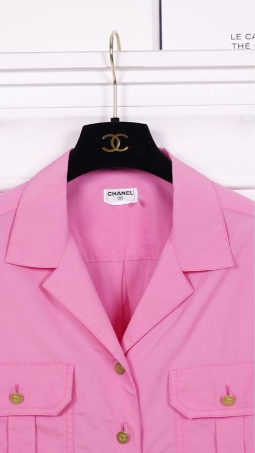 Chanel玫紫色金扣两口袋衬衫上衣外套-12