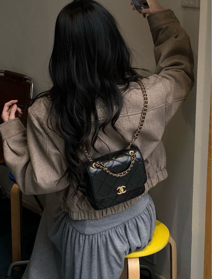 香奈兒/Chanel 羊皮 黑金ado鏈條雙肩包 手提包 芯片款-1