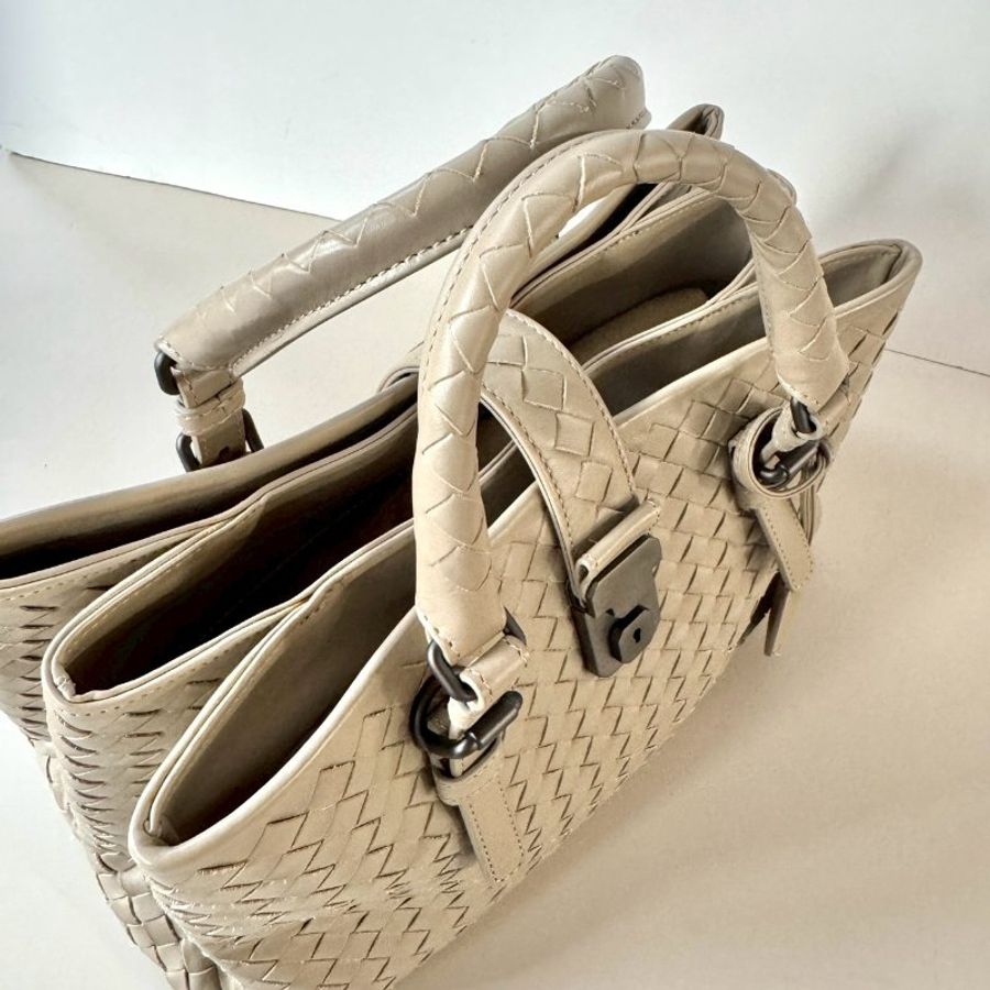 BOTTEGA VENETA ROMA BV 卡其色 皮革 編織 羅馬包 小型 三層 兩用包-8