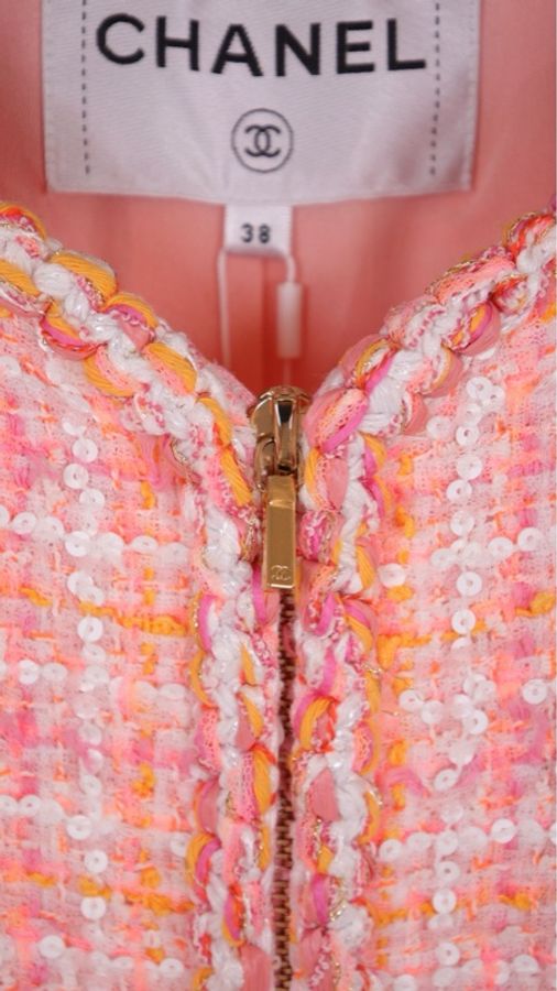 Chanel 19年邮轮系列秀款粉橘格纹亮片拉链长款上衣外套-19