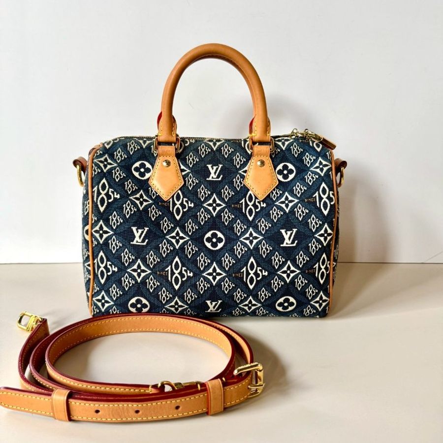 LV SPEEDY 25 限量 1854 單寧藍 緹花 手提 斜背 波士頓包 M57400-0