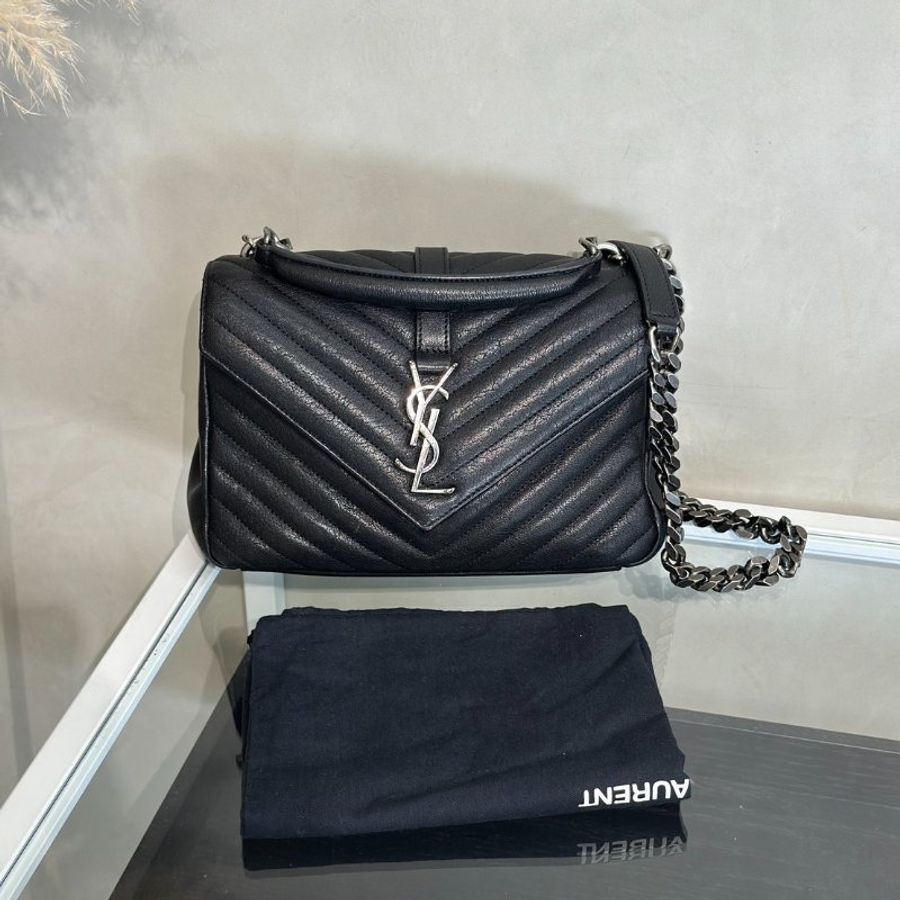 YSL College學院風斜背包 - 中號黑銀-12