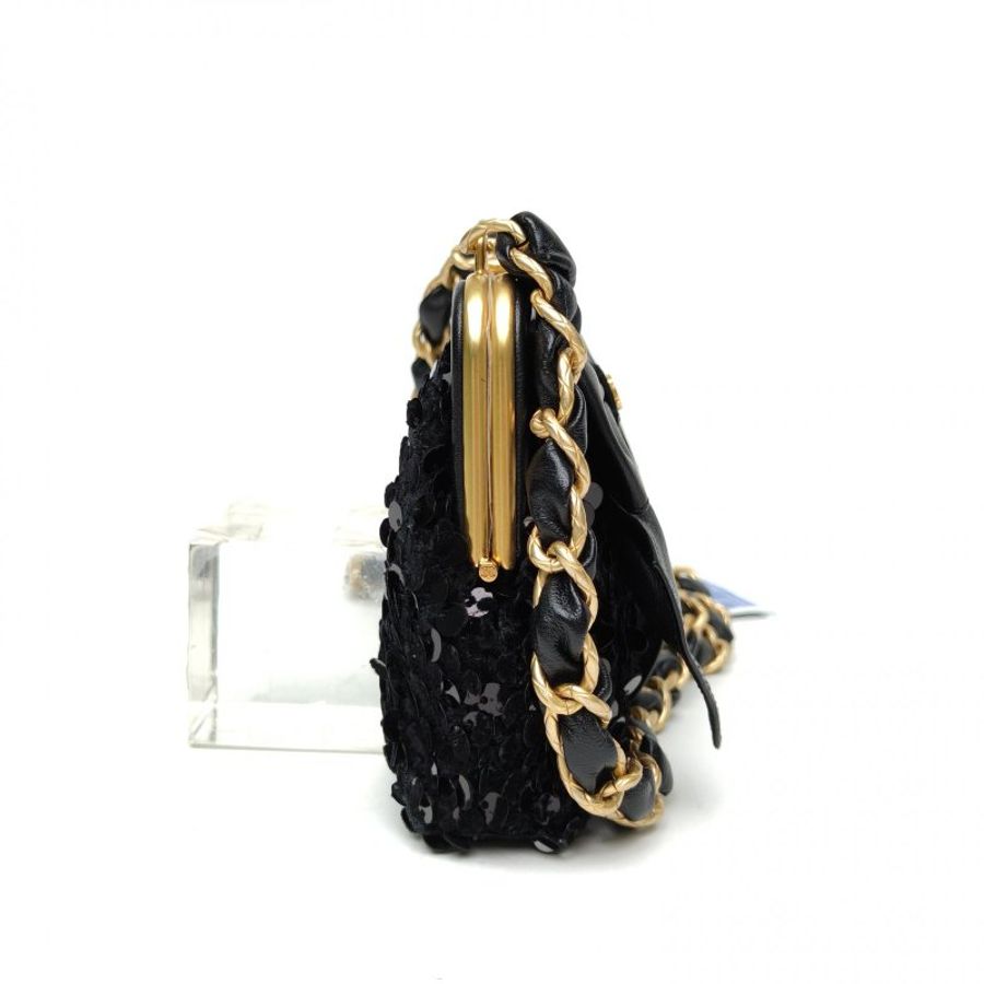 CHANEL 黑色羊皮珠片金扣24A蝴蝶亮片鏈條包肩背包-3