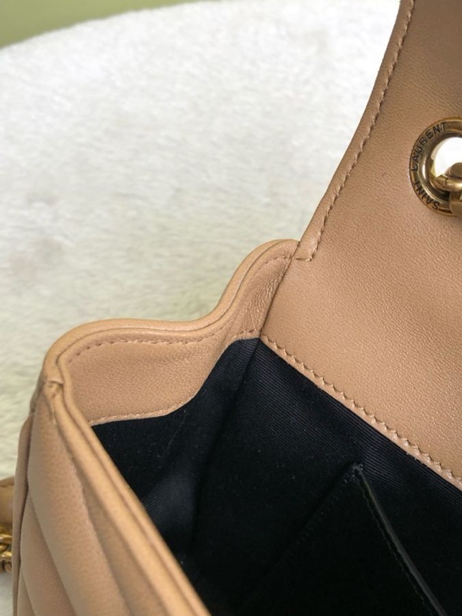 Saint Laurent/聖羅蘭 奶茶色金扣LouLou信封包鏈條包 25年 有塵袋鏡子子袋-13