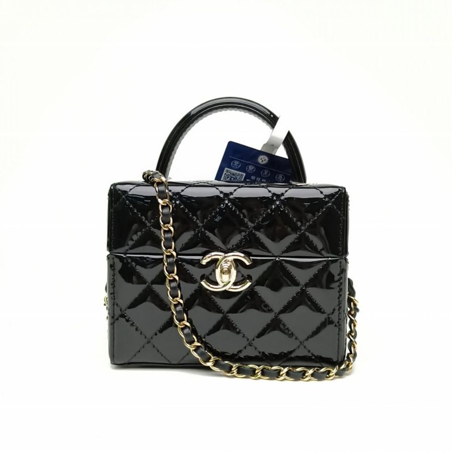 CHANEL 黑色漆皮鐳射標金扣25A手柄盒子包肩背包-0
