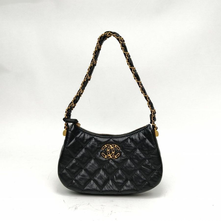 CHANEL 23K19Bag皮穿鏈Hobo腋下包小號黑色牛皮金扣肩背包-0