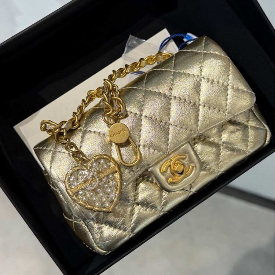 Chanel香奈兒 25A CF mini 金色 愛心珍珠算盤 芯片款 配件盒子塵袋。-0