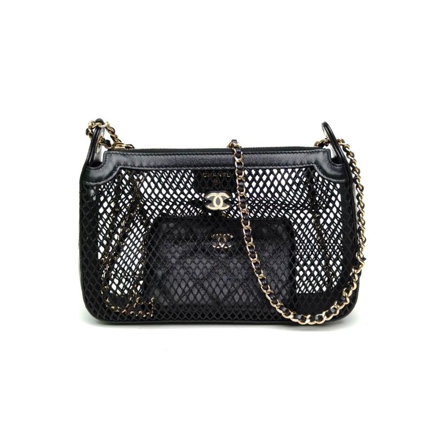 CHANEL 黑色羊皮淺金扣網面25S網兜包子母包肩背包-0