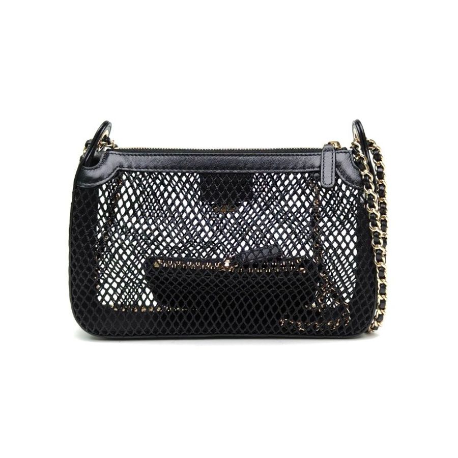 CHANEL 黑色羊皮淺金扣網面25S網兜包子母包肩背包-2