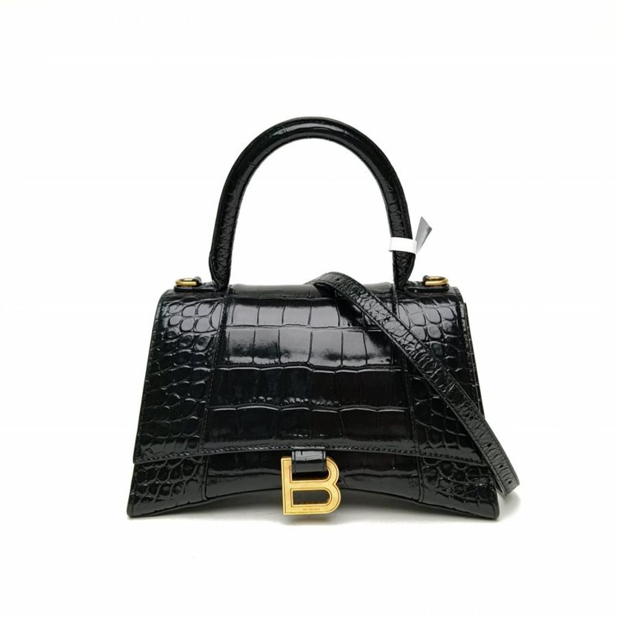 BALENCIAGA 鱷魚壓紋Hourglass沙漏手袋S碼金扣黑色牛皮肩背包-0