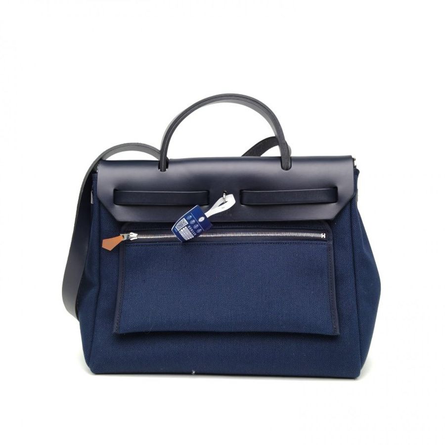 HERMES Herbag31黑色帆布/牛皮U刻銀扣肩背包-2