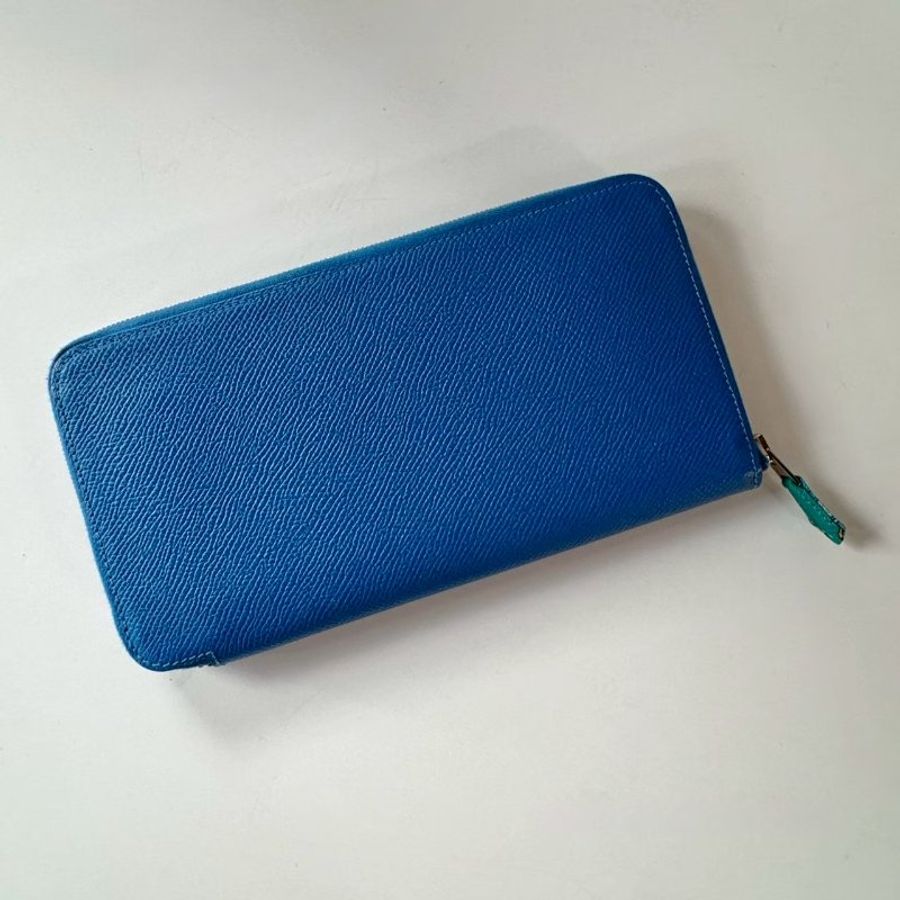 HERMES Silk in 藍色 Epsom 絲巾 拉鍊 長夾 9成新-1