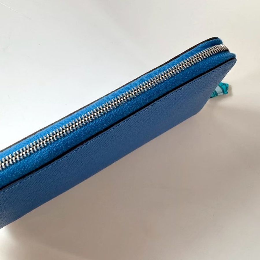 HERMES Silk in 藍色 Epsom 絲巾 拉鍊 長夾 9成新-3
