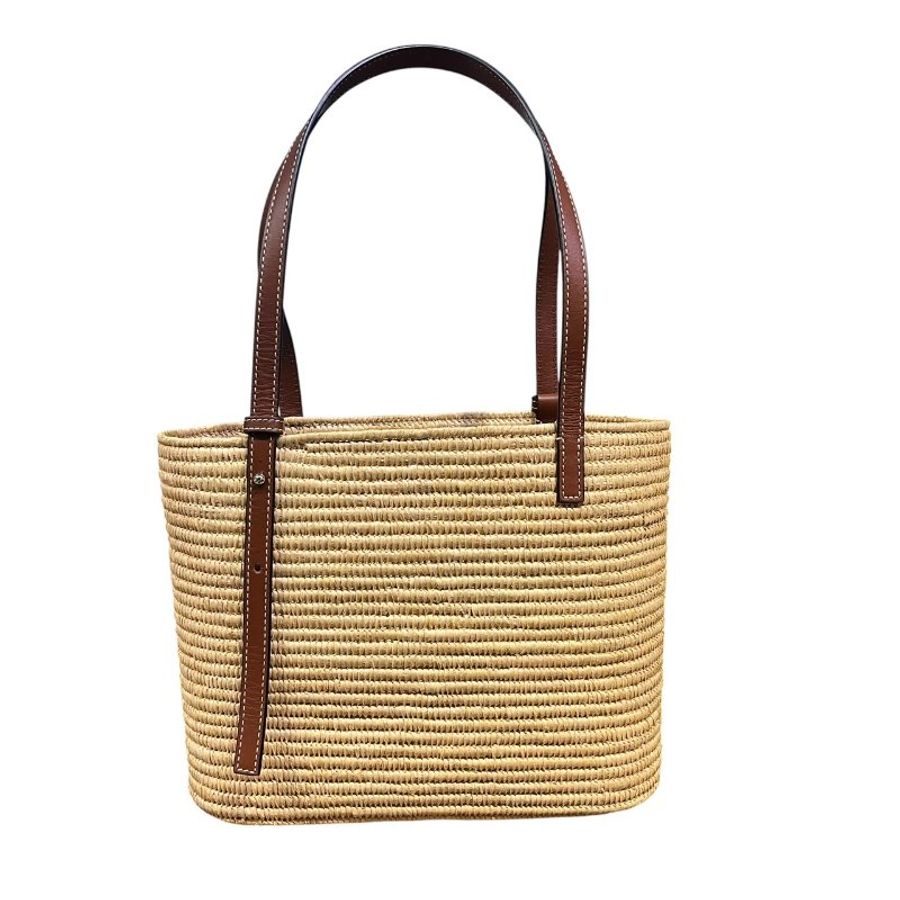 【美收精品】LOEWE 經典小牛皮 Anagram 棕櫚葉編織籃子包 / 肩背包 5-725-10
