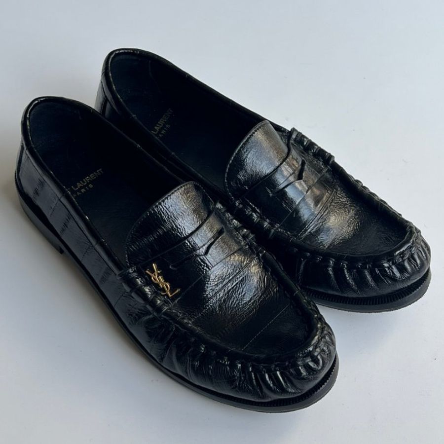::Saint Laurent:: YSL LE LOAFER supple in eel Le Loafer Penny Slippers 立體金字黑色牛皮樂福鞋 37號-0