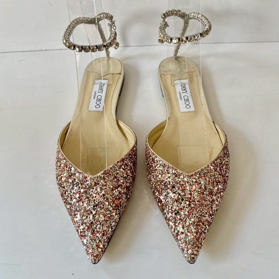 Jimmy choo 施華洛世奇水鑽亮片 40號 尖頭 踝鍊 涼鞋-0