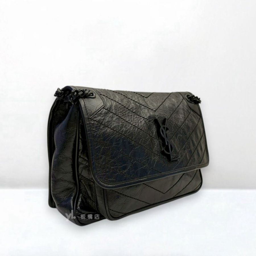 S5631-YSL NIKI黑色牛皮黑釦中型鍊包633184-1